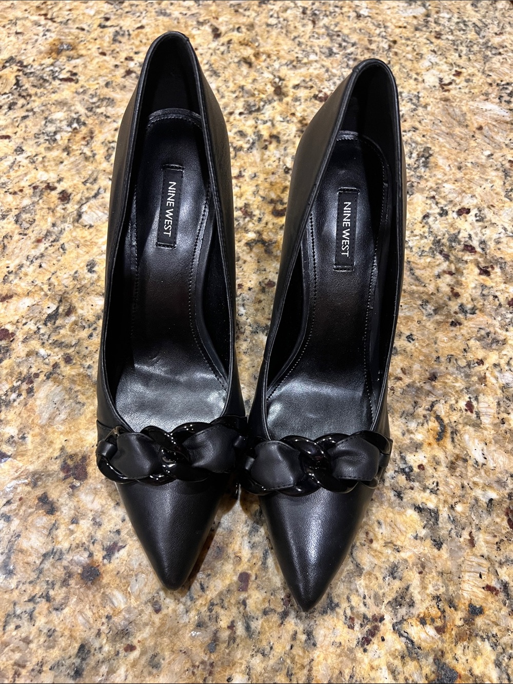 Nine West Black Pointed Leather Pumps with Chain Detail